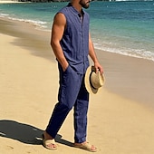 cheap Cotton Linen Shirt-Male Linen Shirt 2 Piece Shirt Set And Linen Pants Trousers Casual Pants Set Plain Daily Outdoor Vacation Turndown Sleeveless Summer Fashion Casual Comfortable Clothing Apparel