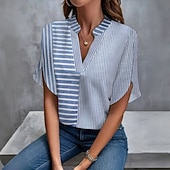abordables T-shirt Art &amp; Design-Femmes Chemise Chemisier Patchwork Rayé Élégant Vacances Manche Courte Col en V Hauts Longs Quotidien Fête Sortir Rose Claire Bleu Roi Été Printemps