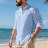 abordables Chemises lin et coton-Homme Chemise en lin Deux pièces Ensemble Chemise Et Pantalons en Lin Pantalons Pantalon décontracté Set Uni Quotidien Extérieur Vacances Col grand-père manche longue Été Printemps Mode Occasionnel