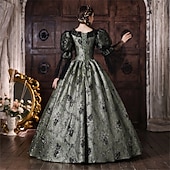 abordables Vestidos-Rococo Baroque Ball Gown Floor Length Dress Ball Gown Puff Balloon Sleeve Princess Bridal Lace Floral Ball Gown Square Neck Fancy Dress Women's Royal Halloween Carnival Masquerade Tea Party Party