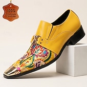 abordables Mocassins en cuir de qualité supérieure-Chaussures habillées pour homme, à boucle, à bout pointu et embout métallique, ornées d'un imprimé floral jaune. Idéales pour les mariages, les banquets, les fêtes, les bals de fin d'année, les événements de mode et les soirées élégantes.