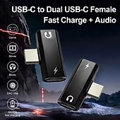 cheap Cables &amp; Adapters-USB C to Dual USB C Adapter, 2 in 1 USB-C Headphone and Charger Adapter with DAC Chip Hi-Res Audio, PD Fast Charging Splitter Compatible with iPhone 17 Pro Max, iPad, Samsung Galaxy S26 Ultra Plus