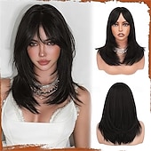 baratos Perucas Sintéticas sem Touca-Peruca longa, lisa e em camadas, rosa, com franja, 40 cm (16 polegadas), com raízes escuras, aparência natural, cabelo sintético macio e resistente ao calor, comprimento médio, ideal para uso diário e