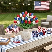 baratos Flor artificial-Conjunto de 20 tulipas artificiais vermelhas, brancas e azuis com toque realista, flores patrióticas de imitação adequadas para decorações do Dia da Independência (4 de julho), decoração de casa e
