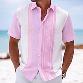tanie Geometryczny wzór-Męskie Geometryczny Prążki Koszula Koszula Guayabera Zapinana na guziki koszula Krótki rękaw Moda na co dzień Codzienny Na zewnątrz Urlop Lato Wiosna Wieczorne Druk 3D Koszula z lnu Niebieski Rumiany