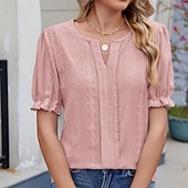 economico T-shirt semplice-Per donna Blusa con texture Top traforato Maglietta traforata Maglietta Traforato Tinta unica Moda Classico Casual Manica Corta Scollo a V Top Regolari Casuale Quotidiano Spiaggia Nero Bianco Rosa