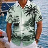 baratos Plantas Tropicais-Homens Coqueiro Natureza e Paisagem Plantas Tropicais Camisa havaiana Camisas tropicais Camiseta Aloha Manga Curta Havaiana férias na praia Verão Primavera Aberto para a Lateral Impressão 3D Camisas