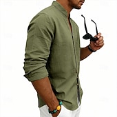 baratos Clássico-Homens Camisa Social Camisa de linho camisa de verão camisa de praia Tecido Casual Férias Preto Branco Rosa Azul Marinha Manga Longa Faixa Verão Primavera Roupa Bolsos