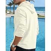 tanie Casualowa koszulka Henley-Męskie Koszula bawełniano-lniana Podkoszulek Koszula Henley Koszulka z długim rękawem Długi rękaw Kaptur Wiosna Jesień Równina Moda Moda miejska Codzienny Ściągana na sznurek Guziki Codzienny Urlop