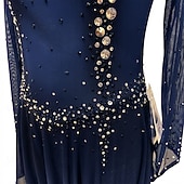 cheap Figure Skating Dresses-Figure Skating Dress Women's Girls' Ice Skating Dress Dark Blue Thumbhole Halo Dyeing High Elasticity Professional Competition Skating Wear Thermal Warm Crystal / Rhinestone Long Sleeve Ice Skating