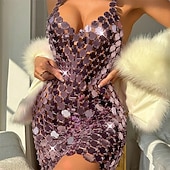 economico Abiti da Pratica-Samba Dancewear Abito Mini Glam Gold Sequin Disc da Donna - Costumi da ballo Bodycon metallici scintillanti  Performance da club