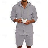 Χαμηλού Κόστους Βαμβακερό Λινό Πουκάμισο-Ανδρικά Πουκάμισο λινό 2 Κομμάτια Σετ πουκαμίσου Και Σορτσάκια Σορτς από λινό Σορτς παραλίας Σειρά Σκέτο Καθημερινά ΕΞΩΤΕΡΙΚΟΥ ΧΩΡΟΥ Διακοπές Με Κουκούλα Μακρυμάνικο Καλοκαίρι Άνοιξη