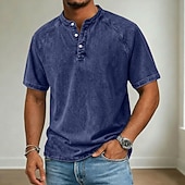 billige Uformell Henley T-skjorte-Herre T skjorte Deminskjorte 100% bomullssyre-vaskeskjorte Kortermet Høy krage Henley Vår sommer Sommer Vår عادي Årgang Gatemote Fritid Vasket Raglan Ermer Avslappet Hjem Gate Lyseblå Svart Rosa Topp