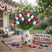 baratos Flor artificial-Conjunto de 20 tulipas artificiais vermelhas, brancas e azuis com toque realista, flores patrióticas de imitação adequadas para decorações do Dia da Independência (4 de julho), decoração de casa e