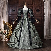 abordables Vestidos-Rococo Baroque Ball Gown Floor Length Dress Ball Gown Puff Balloon Sleeve Princess Bridal Lace Floral Ball Gown Square Neck Fancy Dress Women's Royal Halloween Carnival Masquerade Tea Party Party