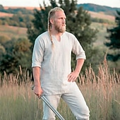 cheap Outfits-Set Retro Vintage Medieval Renaissance Pants Shirt with Accessories Long Sleeves Viking Ranger Lace up Solid Color V Neck Fancy Dress Men's Viking Masquerade Renaissance Fair LARP Adults' Costume