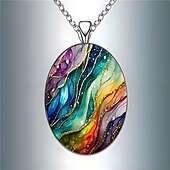 abordables Cadeaux-Collier pendentif ovale en verre, style rétro tendance, orné d'un ciel étoilé coloré et onirique, pour femmes et hommes. Bijou accessoire pour le cou.