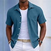 voordelige Men's Button Up Shirts-Men's Shirt Casual Shirt Beach Shirt Button Up Shirt Jacquard Shirt Black White Light Green Wine Blue Short Sleeve Solid Color Plain Lines / Waves Lapel Casual Streetwear Pocket Clothing Apparel