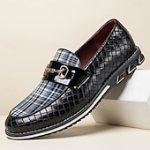 baratos Mocassins casuais-Mocassins masculinos pretos xadrez trançados, com detalhe metálico, estilo slip-on, ideais para ocasiões formais como casamentos, escritório, banquetes, festas e eventos corporativos.