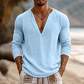 voordelige Katoenen Linnen T-shirts-Voor heren T-shirt Lange mouw V-hals Lente zomer Zomer Lente Effen Modieus Ontwerper Basic Zacht Casual Vakantie Straat Licht Blauw Top T-shirt voor mannen