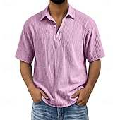 abordables Clásico-Men's Shirt Popover Shirt Summer Shirt Beach Wear Cotton Linen Shirt Button Up Shirt Solid Color Casual Vacation Blue Black Navy Blue Purple Short Sleeve Shirt Collar Summer Spring Clothing Apparel