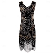 voordelige Outfits-Roaring jaren '20 Jaren 1920 Retro vintage Tot de knie Flapper jurk Handschoenen Ketting Mouwloos The Great Gatsby Charleston Pailletten V-hals Kostuum Dames Halloween Carnaval Feesten &amp; Uitgaan