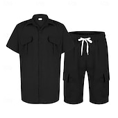 お買い得  メンズベーシックシャツセット-男性用 スタイル ２個 シャツセット そして ショーツ ビーチショーツ 設定 平織り カジュアル 日常 アウトドア 折襟 半袖 夏 ファッション カジュアル 快適 衣類