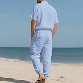 cheap Cotton Linen Shirt-Men's Linen Shirt 2 Piece Shirt Set And Cargo Pants Linen Pants Trousers Set Plain Casual Daily Outdoor Turndown Short Sleeves Summer Fashion Casual Comfortable Clothing Apparel