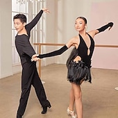 cheap Competition Dress-Junior Latin Dance Costume - Black Fringe Dress with Halter Neck, 3D Flowers &amp; Mesh Sleeves for Performance