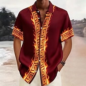 preiswerte Geometrische Muster-Herren Geometrisches Muster Feuer Griechischer Schlüssel Hemd Knopfhemd Kurzarm Modisch lässig Streetwear Urlaub Frühling Herbst Umlegekragen 3D-Druck Hemden mit Kragen Burgunderrot Purpur Braun