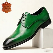 cheap Classic Dress Shoes-Men's Green Leather Derby Dress Shoes with Black-Toe Gradient Finish, Lace-Up Formal Oxfords for Stylish Men, Ideal for Business, Weddings, Parties and Evening Events
