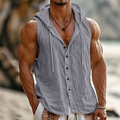 preiswerte Urlaub-Herren Hemd Leinenhemd Sommerhemd Strandbekleidung Knopfhemd Kapuzenhemd Einfarbig Urlaub Straße Blau Schwarz Weiß Gelb Ärmellos Mit Kapuze Sommer Frühling Bekleidung