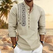 cheap Vacation-Men's Shirt Linen Shirt Popover Shirt Summer Shirt Beach Shirt Geometric Casual Vacation Black White Pink Navy Blue Long Sleeve Stand Collar Summer Spring Clothing Apparel Buttons