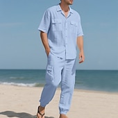 cheap Cotton Linen Shirt-Men's Linen Shirt 2 Piece Shirt Set And Cargo Pants Linen Pants Trousers Set Plain Casual Daily Outdoor Turndown Short Sleeves Summer Fashion Casual Comfortable Clothing Apparel