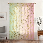 economico Tende trasparenti-Tenda trasparente per finestre, adatta a tutte le stagioni, per camera da letto e soggiorno, con asta, motivo floreale dipinto a inchiostro, effetto morbido e nebbioso, elegante e leggera.