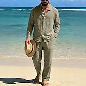 abordables Chemises lin et coton-Homme Chemise en lin Deux pièces Ensemble Chemise Et Pantalons en Lin Pantalons Pantalon décontracté Set Uni Quotidien Extérieur Plage Col Rabattu manche longue Été Printemps Mode Occasionnel