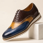 abordables Zapatos de Vestir Clásicos-Zapatos de vestir de cuero bicolor con cordones y estilo brogue, calzado casual elegante para hombre, ideal para el trabajo, fiestas y eventos nocturnos.
