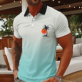 abordables Men's Hawaiian Polo-Men's Palm Tree Hawaiian Polo Shirts Short Sleeve Polo Shirts Collared Shirts Casual Resort Athleisure Vacation Wear 3D Print Buttons Breathable Mesh Spring &amp; Summer Blue Pink Green