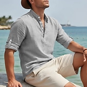 economico Vacanza-Per uomo Camicia di lino Camicia popover Camicia casual Camicia da Spiaggia Camicia con colletto alla coreana Semplice Casuale Spiaggia Nero Bianco Rosa Blu Manica Lunga Collo alla coreana Primavera