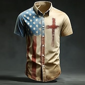  Men's 4th of July U.S. 250th Anniversary Cross American Flag Shirt Summer Shirt Button Up Shirt Short Sleeve Patriotic Outdoor Streetwear Holiday Summer Spring Turndown 3D Print Linen Like Shirt Khaki