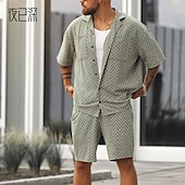 billiga Basic skjortor för män-Herr Skjorta Skjorta set Casual skjorta Strandskjorta Knapp upp skjorta Grön Kortärmad Linjer / vågor Kavajslag Ledigt Dagligen Jacquard Kläder Mode Ledigt Bekväm