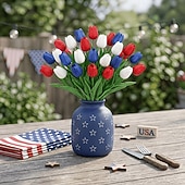 baratos Flor artificial-Conjunto de 20 tulipas artificiais vermelhas, brancas e azuis com toque realista, flores patrióticas de imitação adequadas para decorações do Dia da Independência (4 de julho), decoração de casa e