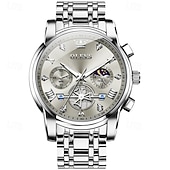 abordables Relojes de Cuarzo-Reloj automático de lujo para hombre Olevs, reloj mecánico esqueletizado con fase lunar, resistente al agua, luminoso, de acero inoxidable bicolor, relojes de vestir elegantes para negocios.