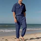 cheap Cotton Linen Shirt-Men's Linen Shirt 2 Piece Shirt Set And Cargo Pants Linen Pants Trousers Set Plain Casual Daily Outdoor Turndown Short Sleeves Summer Fashion Casual Comfortable Clothing Apparel