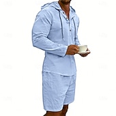 billige Linskjorte i bomull-Herre Linskjorte 2 deler Popover skjorte Og Shorts Lin Shorts Strandshorts Sett عادي Daglig utendørs Feriereise Med hette Langermet Sommer Mote Fritid Bekvem Klær