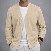 preiswerte Klassiker-Herren Leinenhemd Sommerhemd Strandbekleidung Knopfhemd Strickjacke Einfach Lässig Urlaub Blau Schwarz Weiß Khaki Langarm V Ausschnitt Sommer Frühling Bekleidung