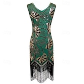 voordelige Outfits-Roaring jaren '20 Jaren 1920 Retro vintage Tot de knie Flapper jurk Handschoenen Ketting Mouwloos The Great Gatsby Charleston Pailletten V-hals Kostuum Dames Halloween Carnaval Feesten &amp; Uitgaan