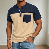 preiswerte Lässiges Henley-T-Shirt-Herren Henley Hemd Hemd aus 100 % Baumwolle in Säurewaschung Kurzarm Henley Sommer Frühling Ganzjahres Farbblock Patchwork Retro Vintage Lässig Henley Patchwork Vintage-Stil Farbblock Lässig Blau Kaki