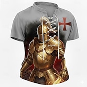  Men's Crusaders Golden Knight Armor Red Templar Cross Medieval Fantasy Gothic Lace Up T Shirt All Over Print Henley V Neck Short Sleeve Casual Streetwear Designer Clothing Apparel