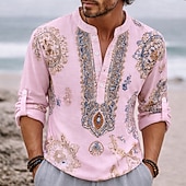 abordables Motif ethnique-Homme Ethnique Floral complexe Chemise Chemise Boutonnée Chemise Henley manche longue Vintage Rétro Occasionnel Vacances Mariage Été Printemps Col mandarin Col montant Impression 3D Chemise en lin